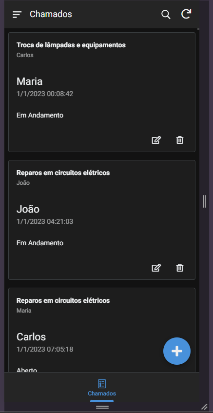 Tela do aplicativo listando chamados