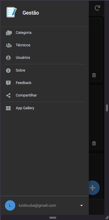 Menu principal do aplicativo de chamados