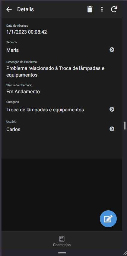 Detalhes de um chamado no aplicativo