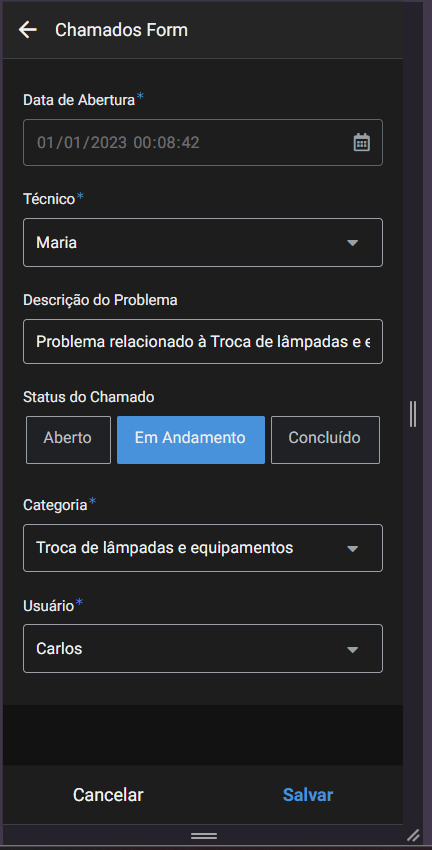 Formulário para abertura de chamados