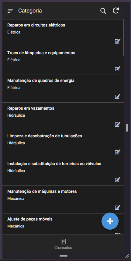 Lista de categorias no aplicativo