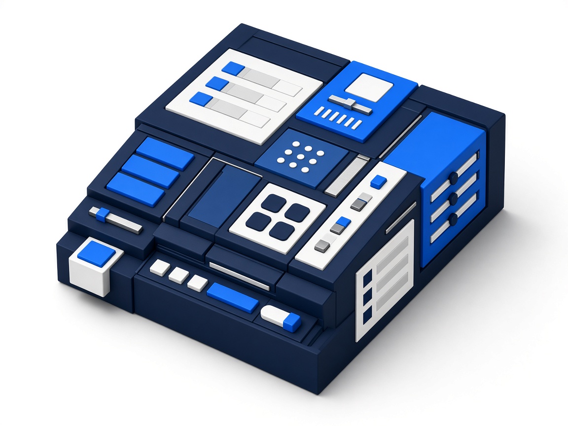 Produto digital modular composto por controles e blocos de interface em azul e navy
